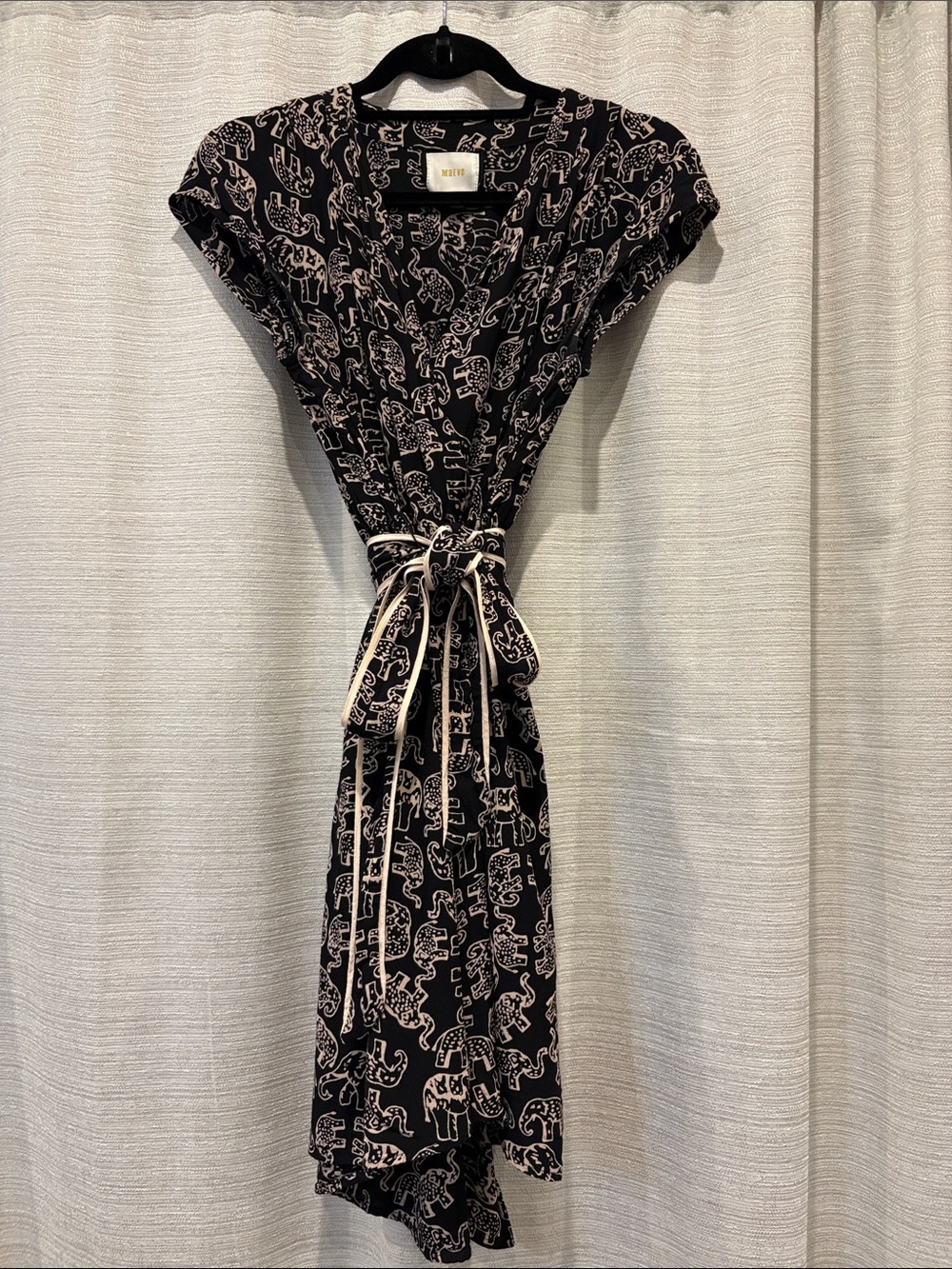 Small Anthropologie Maeve Black Cream Elephant Print Wrap Dress with Cap Sleeves